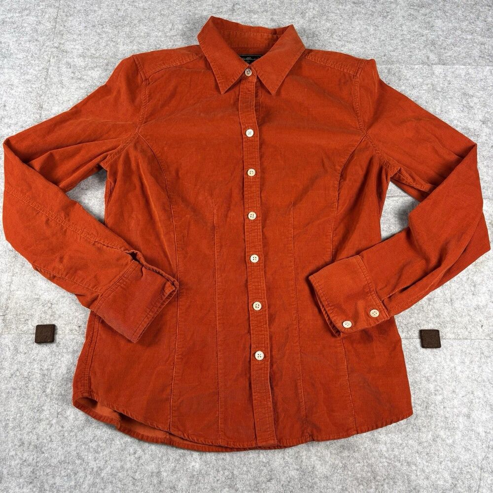 Eddie Bauer Womens Small Rust Orange Fine Wale Corduroy Shirt Fitted 100% Cotton
